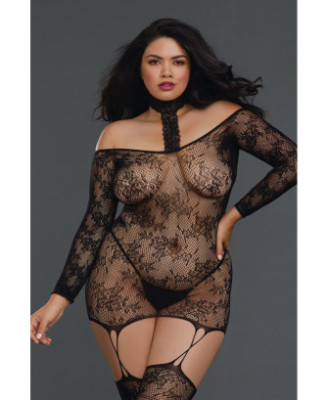 Bodystocking résille guêpière grande taille réversible avec tour de cou 